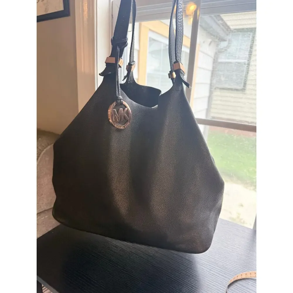 Michael Kors Black Pebbled Faux Leather Large Tote Shoulder Bag Gold MK Charm